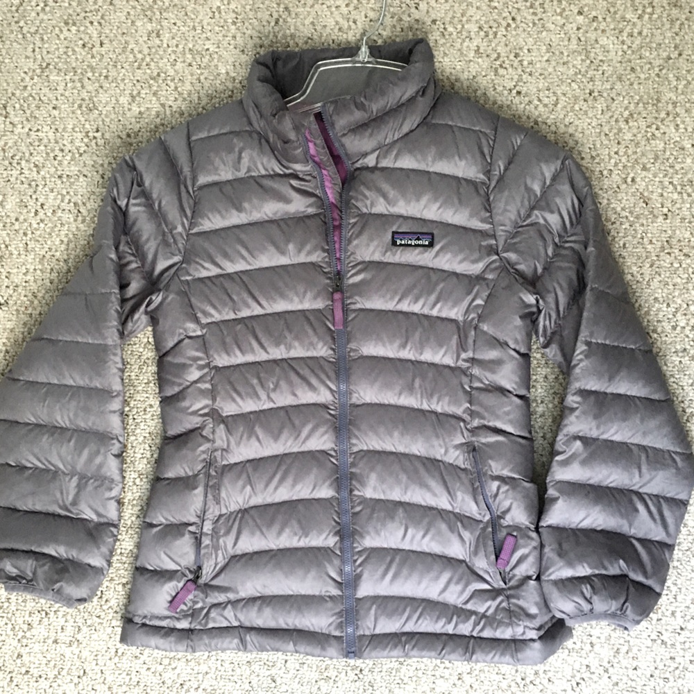 Patagonia Kids XL 14 Duck Down Puffer Coat Jacket Grey and Purple Zip Up Winter